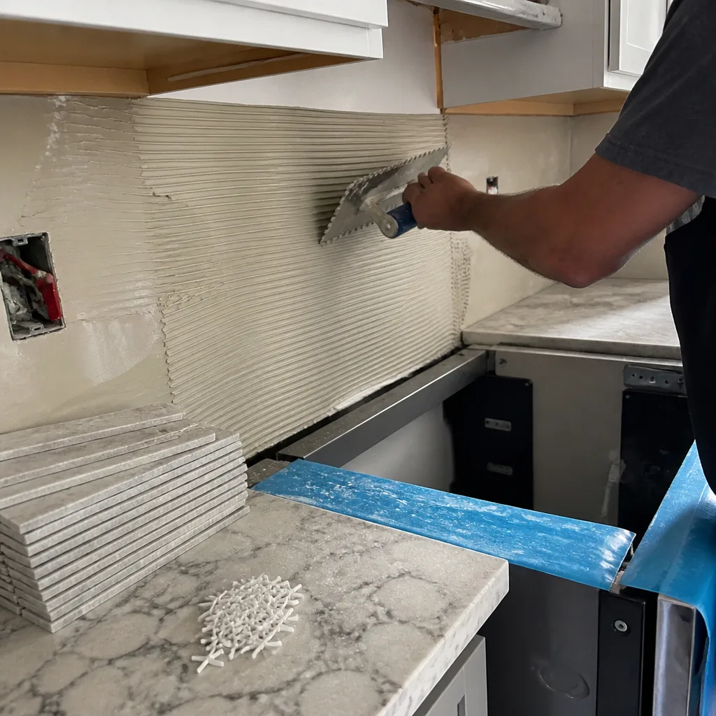 Contractor applying thin-set mortar for kitchen backsplash tile installation
