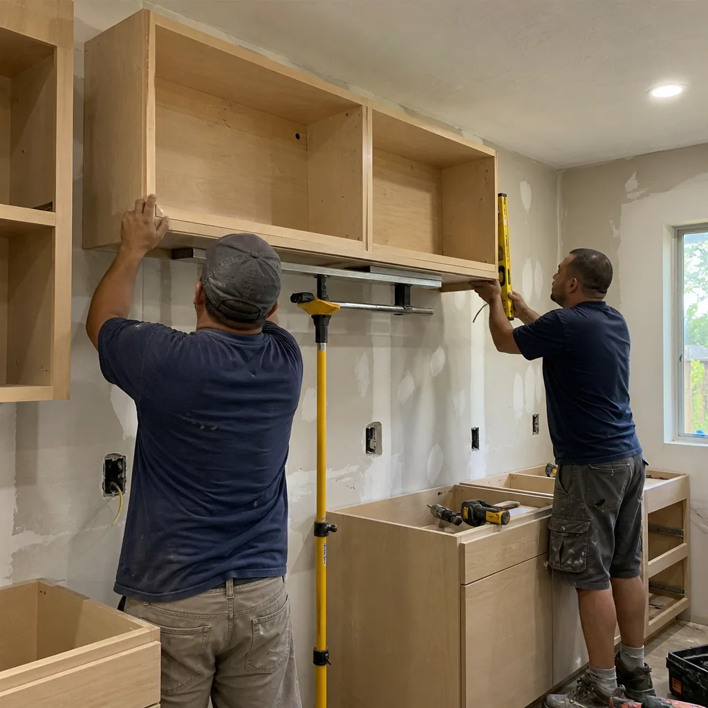 Two contractors installing wooden kitchen cabinets on a construction site