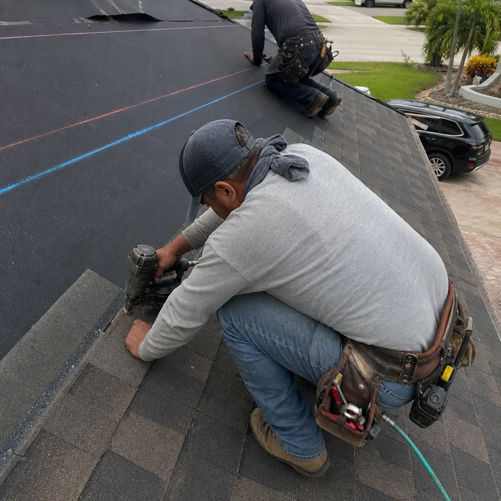 Roofing contractors installing shingles on a residential roof
