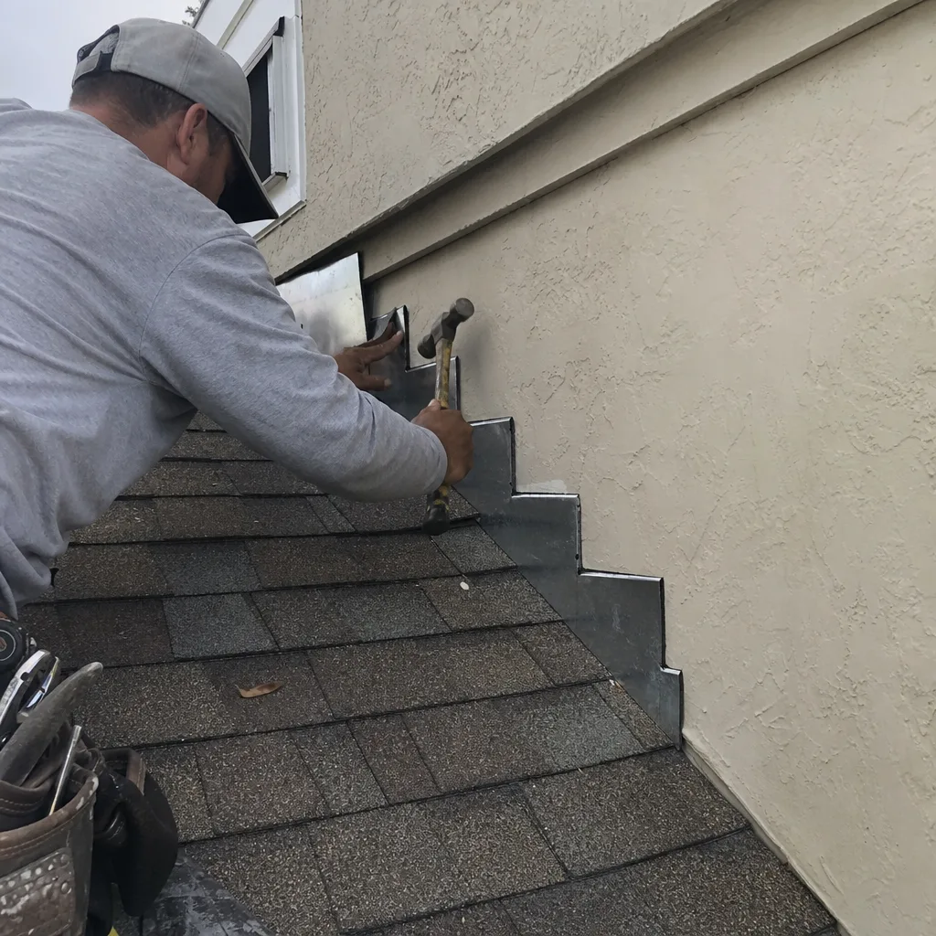 Contractor installing metal step flashing on a residential roof