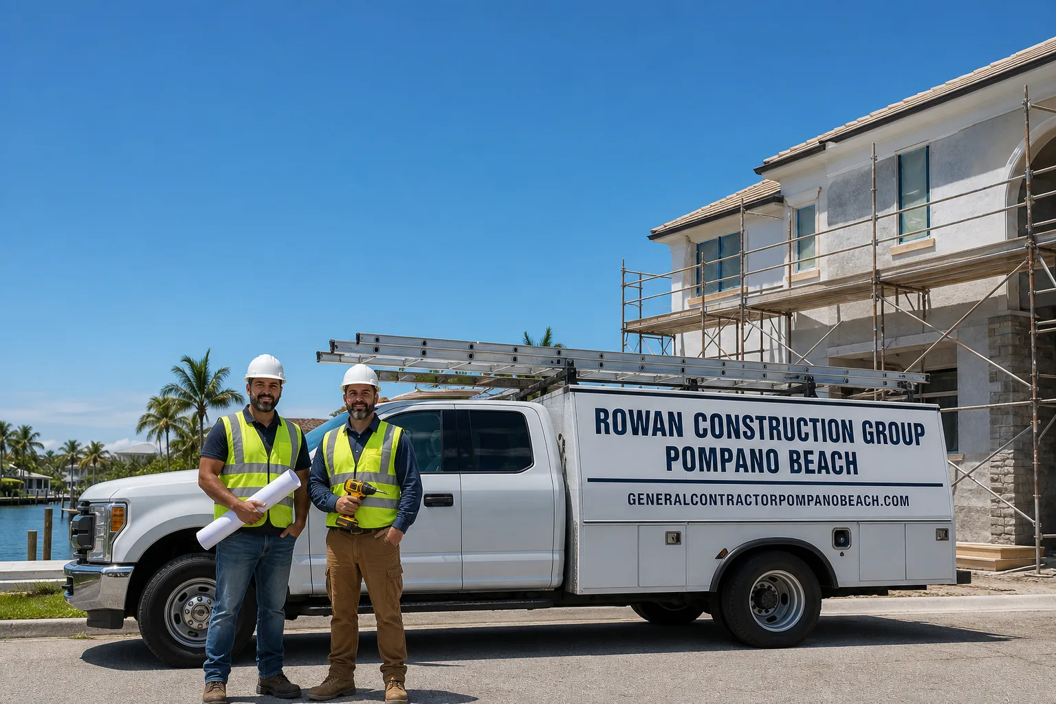 Rowan Construction Group Pompano Beach construction service vehicle and crew in Pompano Beach, FL